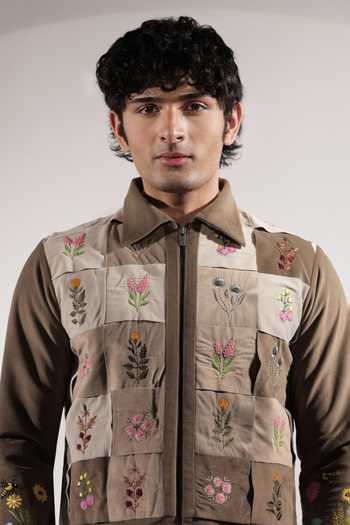 Jubinav Chadha_Beige Suede Stamp Floral Embroidered Woven Jacket _Online_at_Aza_Fashions