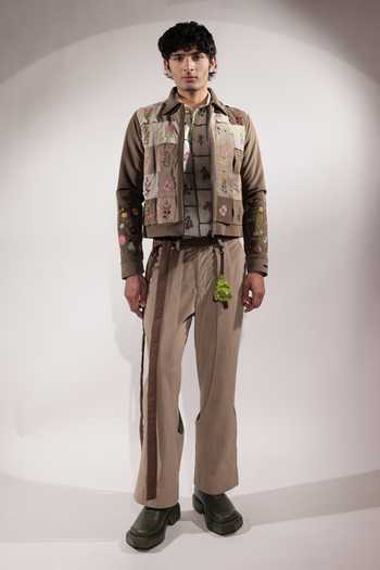 Buy_Jubinav Chadha_Beige Suede Stamp Floral Embroidered Woven Jacket _Online_at_Aza_Fashions