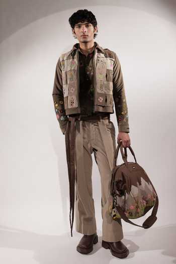Shop_Jubinav Chadha_Beige Suede Stamp Floral Embroidered Woven Jacket _Online_at_Aza_Fashions