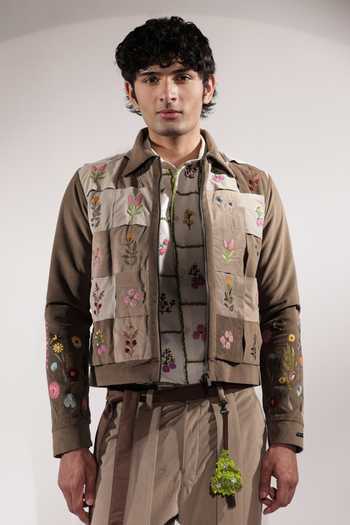 Buy_Jubinav Chadha_Beige Suede Stamp Floral Embroidered Woven Jacket _at_Aza_Fashions