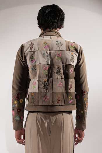 Shop_Jubinav Chadha_Beige Suede Stamp Floral Embroidered Woven Jacket _at_Aza_Fashions