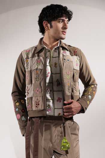 Jubinav Chadha_Beige Suede Stamp Floral Embroidered Woven Jacket _at_Aza_Fashions