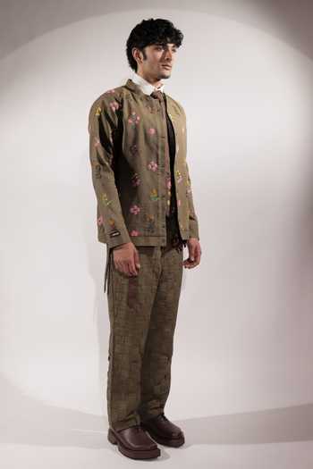 Jubinav Chadha_Olive Green Linen Floral Embroidered Jacket _Online_at_Aza_Fashions