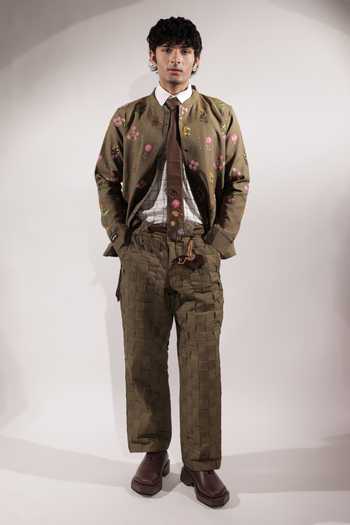 Buy_Jubinav Chadha_Olive Green Linen Floral Embroidered Jacket _Online_at_Aza_Fashions