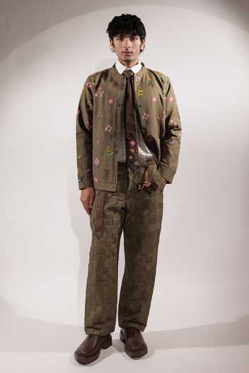 Shop_Jubinav Chadha_Olive Green Linen Floral Embroidered Jacket _Online_at_Aza_Fashions