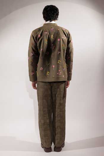 Shop_Jubinav Chadha_Olive Green Linen Floral Embroidered Jacket _at_Aza_Fashions