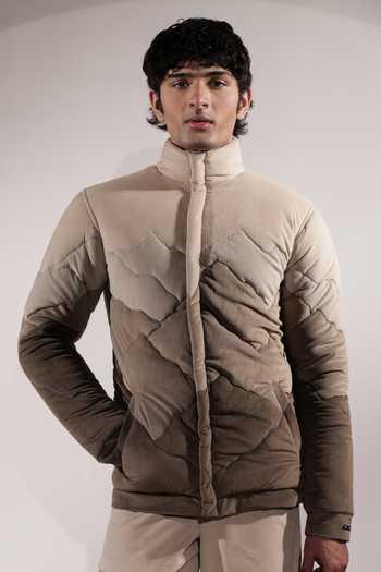Jubinav Chadha_Beige Suede Mountain Inspired Quilted Puffer Jacket _at_Aza_Fashions