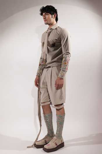 Jubinav Chadha_Beige Suede Mountain Pockets And Embroidery Shacket _Online_at_Aza_Fashions