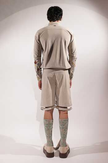 Shop_Jubinav Chadha_Beige Suede Mountain Pockets And Embroidery Shacket _at_Aza_Fashions
