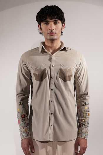 Buy_Jubinav Chadha_Beige Suede Mountain Pockets And Embroidery Shacket _at_Aza_Fashions