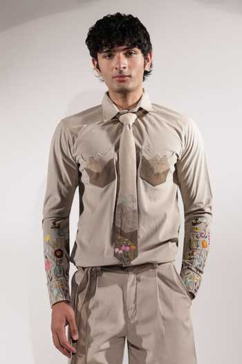 Shop_Jubinav Chadha_Beige Suede Mountain Pockets And Embroidery Shacket _Online_at_Aza_Fashions