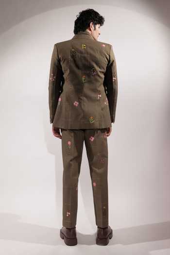 Shop_Jubinav Chadha_Olive Green Linen Floral Embroidered Blazer _at_Aza_Fashions