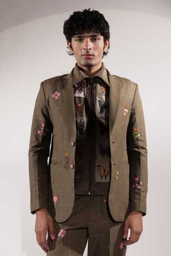 Buy_Jubinav Chadha_Olive Green Linen Floral Embroidered Blazer _at_Aza_Fashions