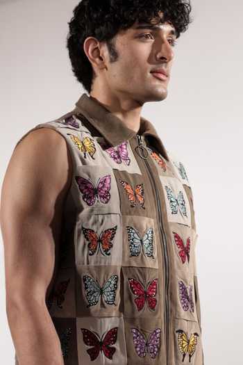 Jubinav Chadha_Brown Suede Embroidered Butterflies Sleeveless Jacket _Online_at_Aza_Fashions