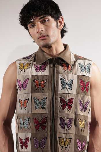 Buy_Jubinav Chadha_Brown Suede Embroidered Butterflies Sleeveless Jacket _Online_at_Aza_Fashions