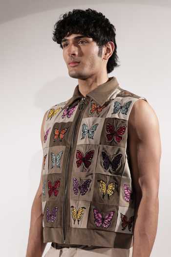 Buy_Jubinav Chadha_Brown Suede Embroidered Butterflies Sleeveless Jacket _at_Aza_Fashions