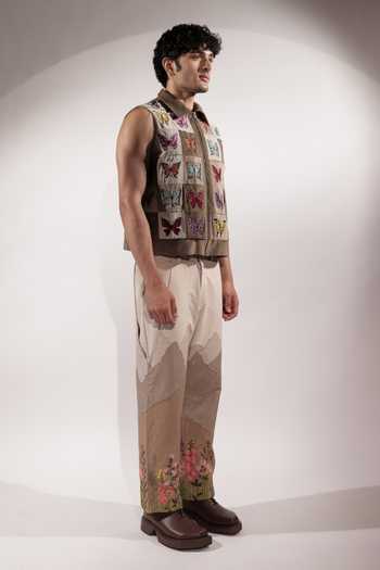 Shop_Jubinav Chadha_Brown Suede Embroidered Butterflies Sleeveless Jacket _Online_at_Aza_Fashions