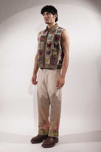 Jubinav Chadha_Brown Suede Embroidered Butterflies Sleeveless Jacket _at_Aza_Fashions