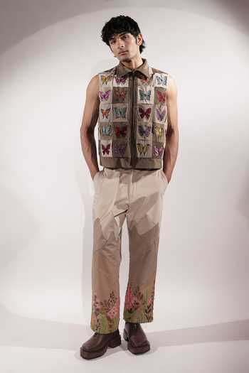 Buy_Jubinav Chadha_Brown Suede Embroidered Butterflies Sleeveless Jacket 