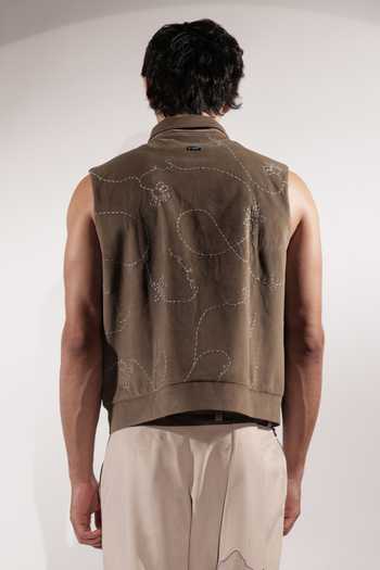 Shop_Jubinav Chadha_Brown Suede Embroidered Butterflies Sleeveless Jacket _at_Aza_Fashions