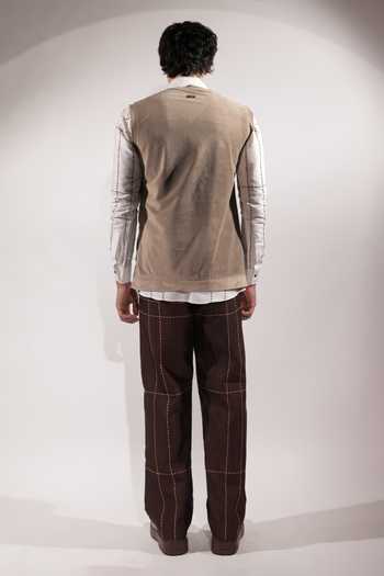 Shop_Jubinav Chadha_Green Suede Interwoven And Beige Vest _at_Aza_Fashions