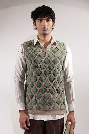 Buy_Jubinav Chadha_Green Suede Interwoven And Beige Vest _at_Aza_Fashions