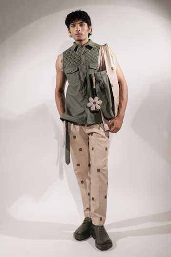 Jubinav Chadha_Green Leatherette Weaving Detail Sleeveless Jacket _Online_at_Aza_Fashions