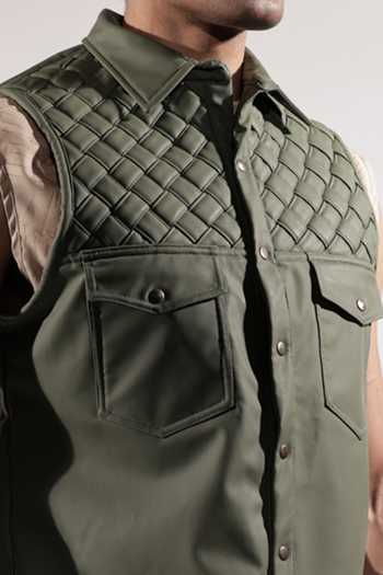 Buy_Jubinav Chadha_Green Leatherette Weaving Detail Sleeveless Jacket _Online_at_Aza_Fashions