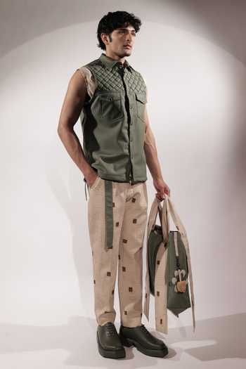 Jubinav Chadha_Green Leatherette Weaving Detail Sleeveless Jacket _at_Aza_Fashions