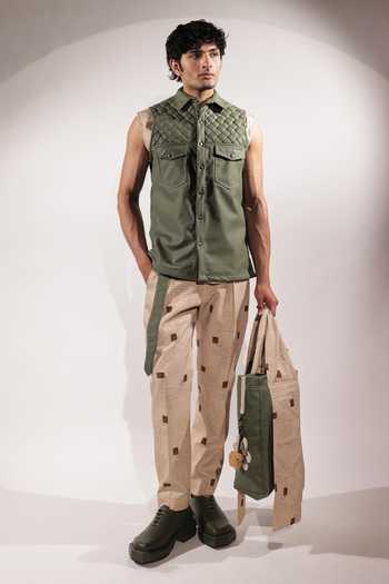 Buy_Jubinav Chadha_Green Leatherette Weaving Detail Sleeveless Jacket 