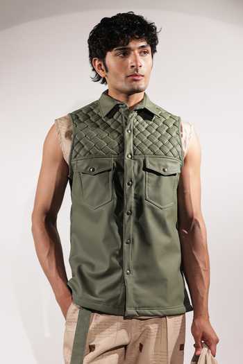 Buy_Jubinav Chadha_Green Leatherette Weaving Detail Sleeveless Jacket _at_Aza_Fashions