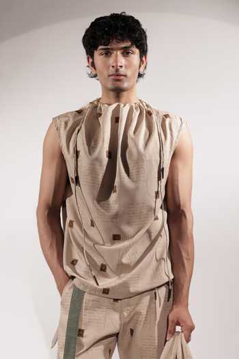 Buy_Jubinav Chadha_Beige Crepe Postcard Print Dust Bag Top _at_Aza_Fashions