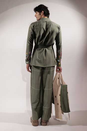 Shop_Jubinav Chadha_Green Silk, Cotton Kantha And Floral Embroidered Shirt _at_Aza_Fashions
