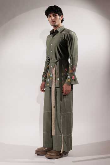 Buy_Jubinav Chadha_Green Silk, Cotton Kantha Embroidered Wide Leg Pant _Online_at_Aza_Fashions