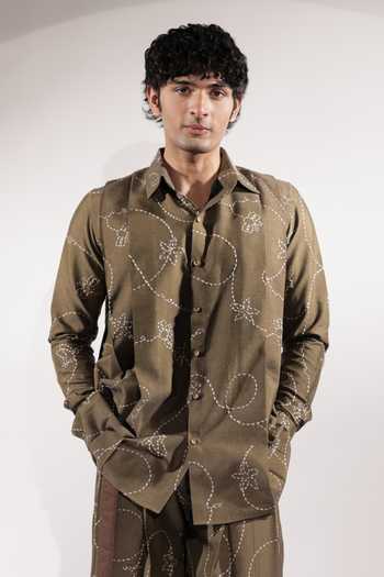 Buy_Jubinav Chadha_Green Silk, Cotton Scribbling Kantha Embroidered Shirt _at_Aza_Fashions
