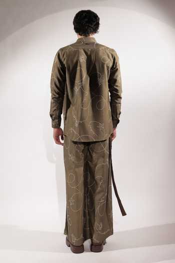 Shop_Jubinav Chadha_Green Silk, Cotton Wide Leg Kantha Embroidered Pant _at_Aza_Fashions