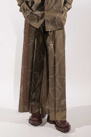 Shop_Jubinav Chadha_Green Silk, Cotton Wide Leg Kantha Embroidered Pant _Online_at_Aza_Fashions