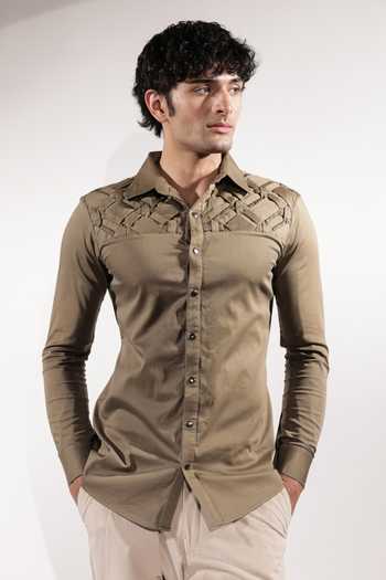 Buy_Jubinav Chadha_Brown Cotton, Lycra Criss-cross Woven Yoke Shirt _at_Aza_Fashions