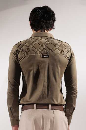Shop_Jubinav Chadha_Brown Cotton, Lycra Criss-cross Woven Yoke Shirt _at_Aza_Fashions