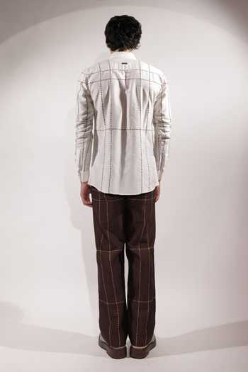 Shop_Jubinav Chadha_White Silk, Cotton Kantha Grid Embroidered Shirt _at_Aza_Fashions