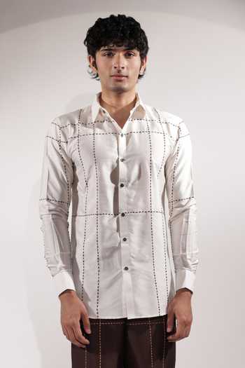 Buy_Jubinav Chadha_White Silk, Cotton Kantha Grid Embroidered Shirt _at_Aza_Fashions