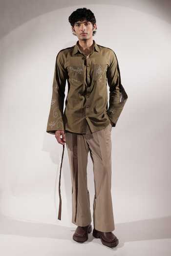 Jubinav Chadha_Olive Green Linen Handwritten Kantha Shirt _Online_at_Aza_Fashions