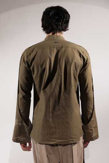 Shop_Jubinav Chadha_Olive Green Linen Handwritten Kantha Shirt _at_Aza_Fashions