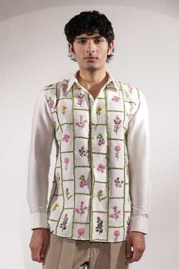 Buy_Jubinav Chadha_White Silk, Cotton Floral Stamp Embroidered Shirt _at_Aza_Fashions