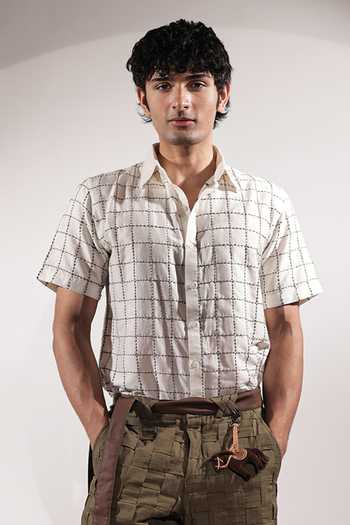Buy_Jubinav Chadha_White Silk, Cotton Kantha Grid Embroidered Shirt _at_Aza_Fashions