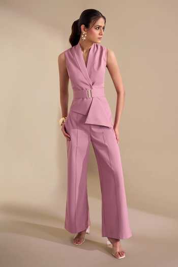 Buy_Naintara Bajaj_Pink Lycra V-neck Asymmetric Structured Crisp Waistcoat _at_Aza_Fashions