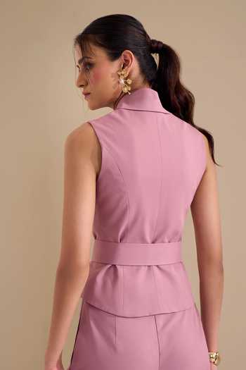 Shop_Naintara Bajaj_Pink Lycra V-neck Asymmetric Structured Crisp Waistcoat _at_Aza_Fashions