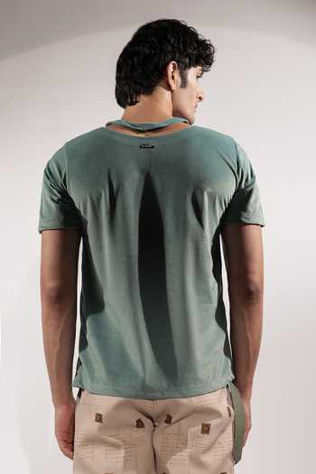 Shop_Jubinav Chadha_Green Suede Floral Embroidered T-shirt _at_Aza_Fashions