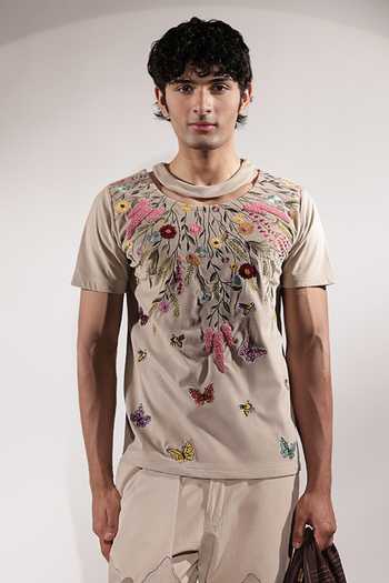Buy_Jubinav Chadha_Beige Suede Floral Embroidered T-shirt _at_Aza_Fashions