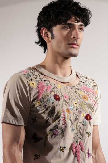 Shop_Jubinav Chadha_Beige Suede Floral Embroidered T-shirt _Online_at_Aza_Fashions